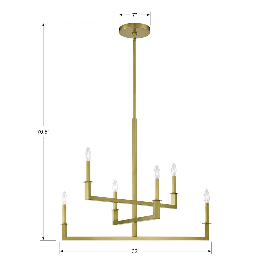 6 Light Chandelier, Aged Brass