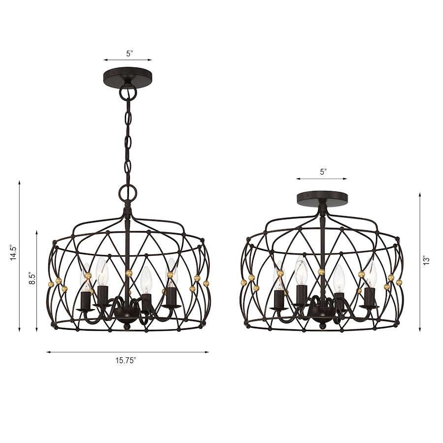 Crystorama Zucca 4 Light Semi Flush Mount, Bronze/Gold