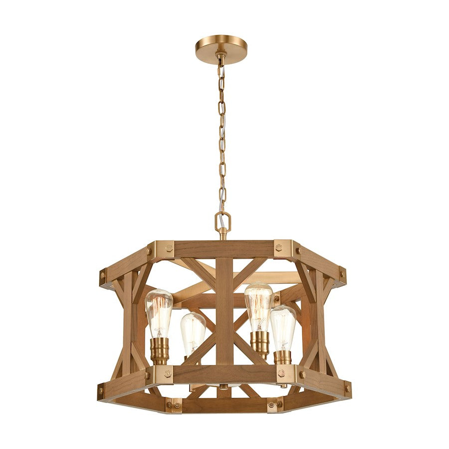 ELK Lighting Structure 4-Light Chandelier, Satin Brass and Medium Oak - 33323-4