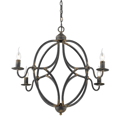 4 Light Chandelier, Antique Black Iron