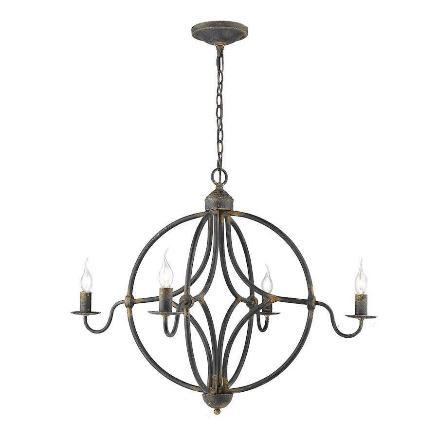 4 Light Chandelier, Antique Black Iron