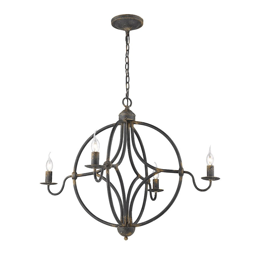 4 Light Chandelier, Antique Black Iron