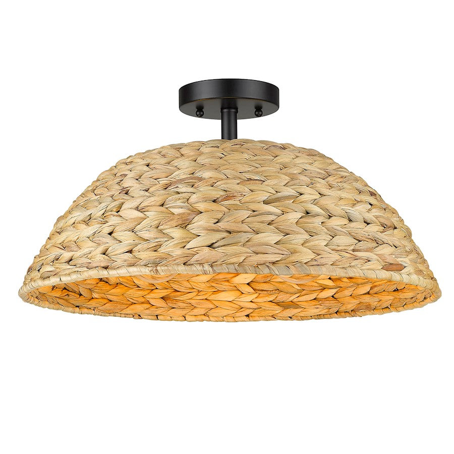 Golden Lighting Rue 3 Light Semi-Flush, Black/Woven Sweet Grass - 1081-SFBLK-WSG