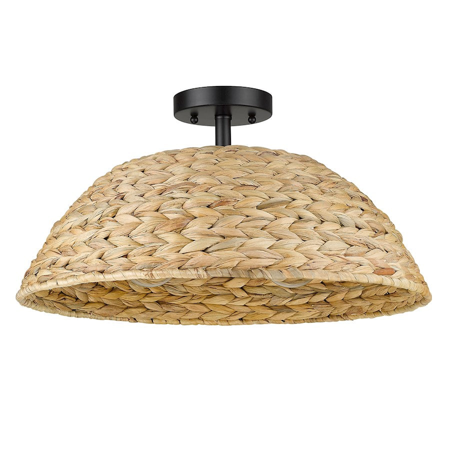 Golden Lighting Rue 3 Light Semi-Flush, Black/Woven Sweet Grass