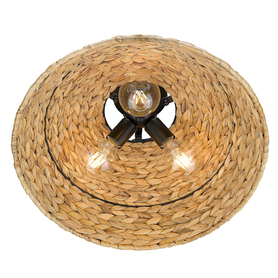 Golden Lighting Rue 3 Light Semi-Flush, Black/Woven Sweet Grass