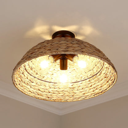 Golden Lighting Rue 3 Light Semi-Flush, Black/Woven Sweet Grass