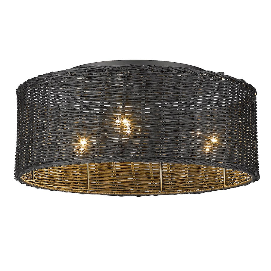 Golden Lighting Erma 3 Light Flush Mount, Black/Black Wicker - 1084-FMBLK-BW