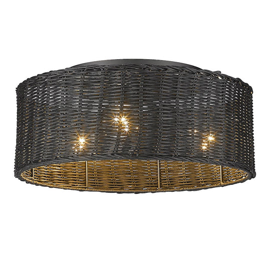 Golden Lighting Erma 3 Light Flush Mount, Black/Black Wicker - 1084-FMBLK-BW