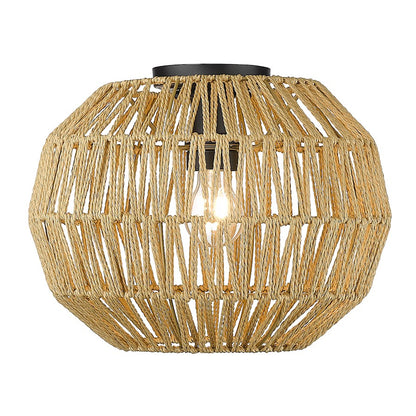 Golden Lighting Florence 1 Light Flush Mount, Black/Raphia Rope