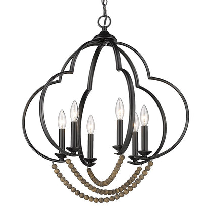 Golden Lighting Flori 6 Light Pendant, BK/Espresso Wood Beads - 8320-6PBLK-EWB