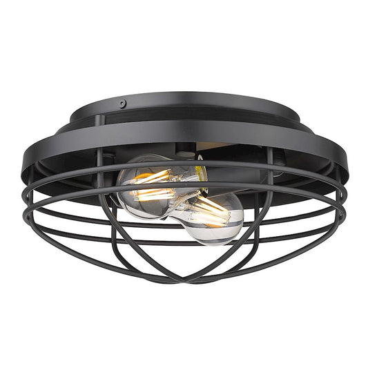 Golden Lighting Seaport 2 Light Flush Mount, Black/Black Metal Cage - 9808-FMBLK