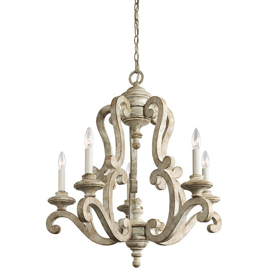 5 Light Chandelier, Distressed Antique White