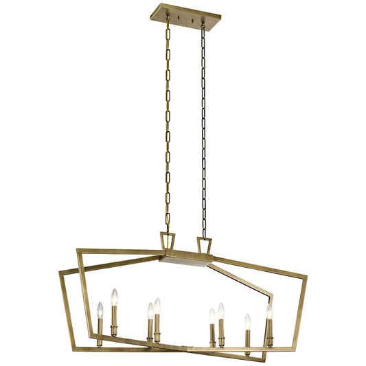 8 Light Linear Chandelier, Natural Brass