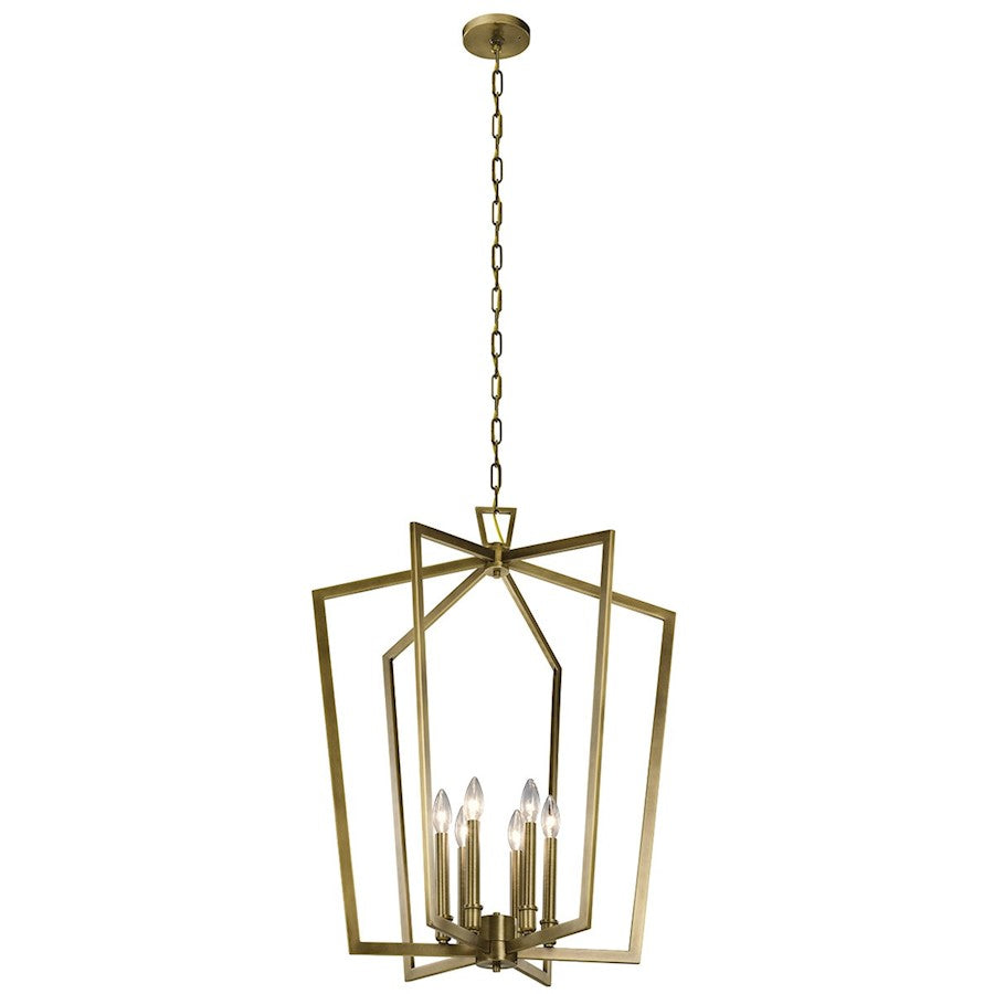 6 Light Large Foyer Pendant, Natural Brass