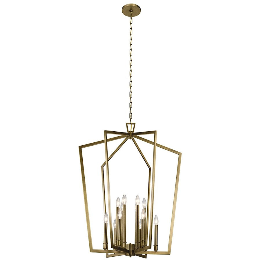 12 Light Foyer Chandelier, Natural Brass