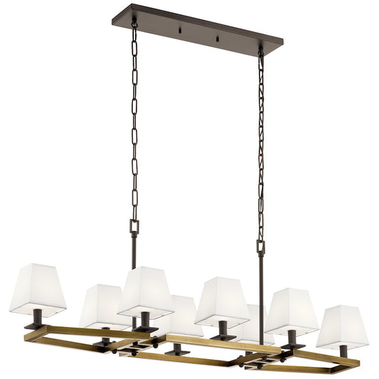 8 Light Linear Chandelier, Natural Brass