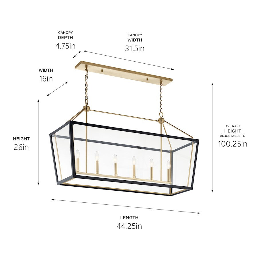 6 Light Linear Chandelier, Bronze