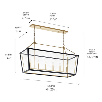 6 Light Linear Chandelier, Bronze