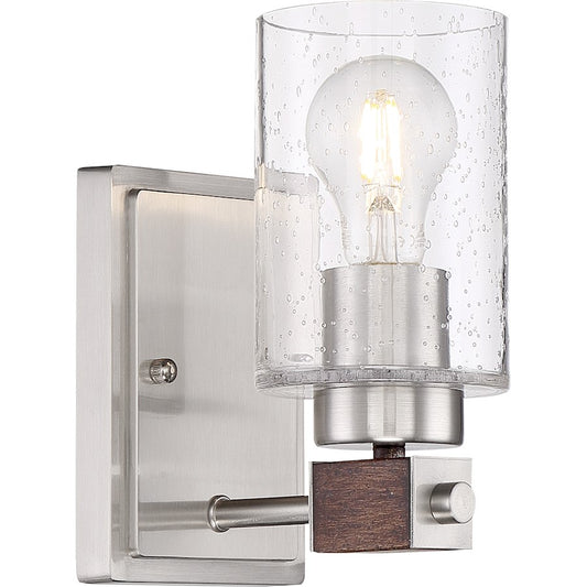 Arabel 1 Light Vanity, Nickel & Nutmeg Wood/Clear Seeded