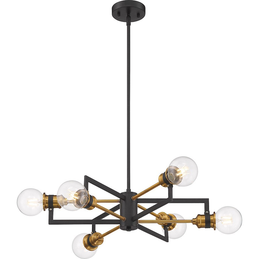 6 Light Chandelier, Warm Brass and Black