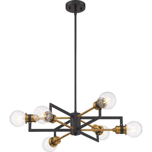 6 Light Chandelier, Warm Brass and Black