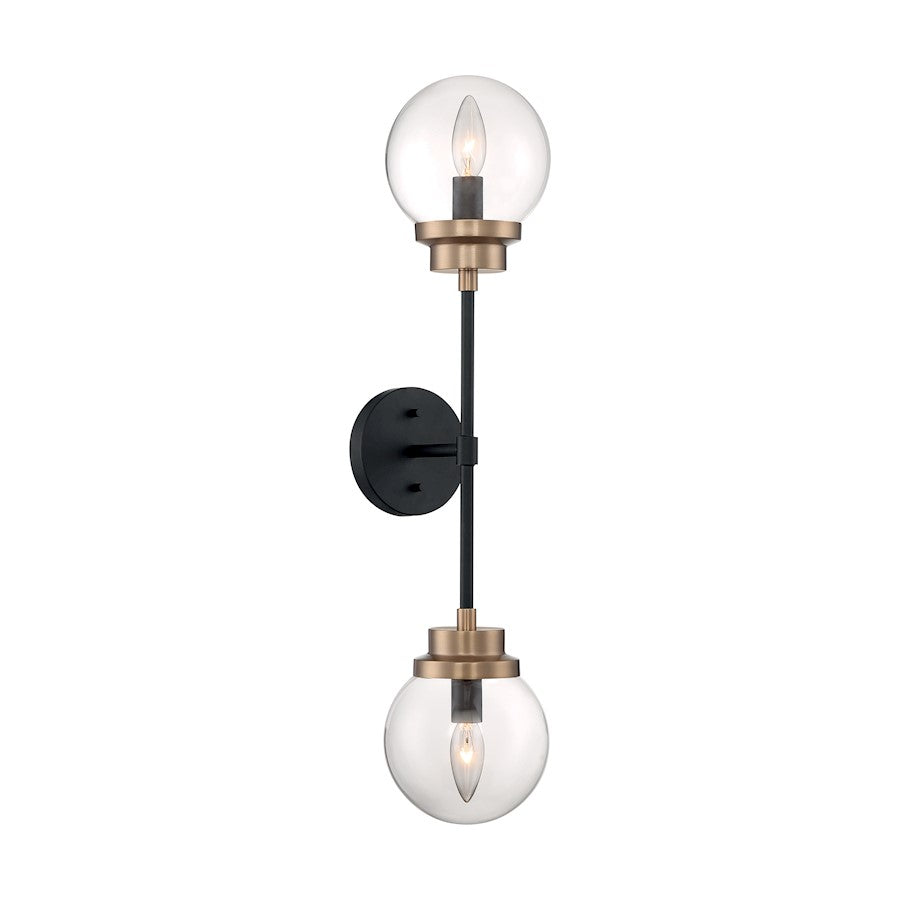 Nuvo Lighting Axis 2 Light Sconce, Clear, Matte Black/Brass Accents - 60-7122