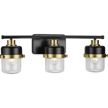 Progress Lighting Beckner 3-Lt Bath Light, Black/Brass/Clear - P300424-31M