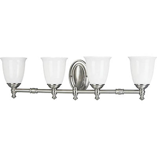 Delta Victorian 4 Light Bathroom Vanity Light, Brushed Nickel/White Opal