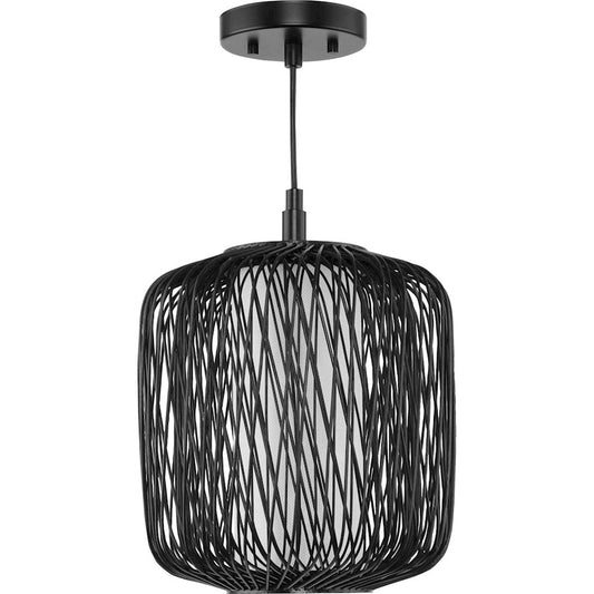 Progress Lighting Cordova 1-Lt Mini Pendant, BK Rattan/White Linen - P500395-202