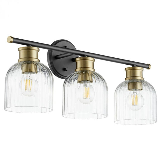 Quorum Monarch 3 Light Vanity, Noir/Aged Brass/Clear - 510-3-6980