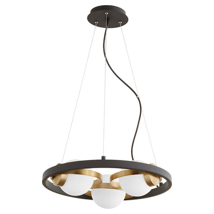 Quorum Nius 3 Light Chandelier, Noir/Aged Brass/Satin Opal 606-3-6980