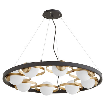 Quorum Nius 8 Light Chandelier, Noir/Aged Brass/Satin Opal 606-8-6980