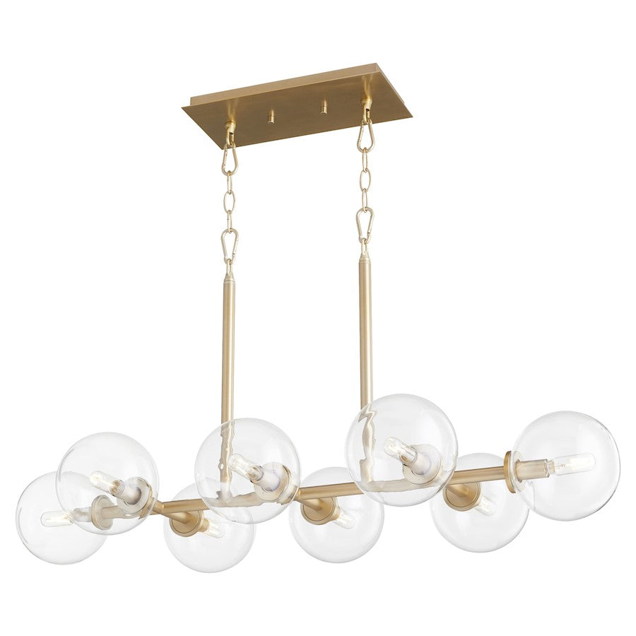 8 Light Linear Chandelier, Aged Brass