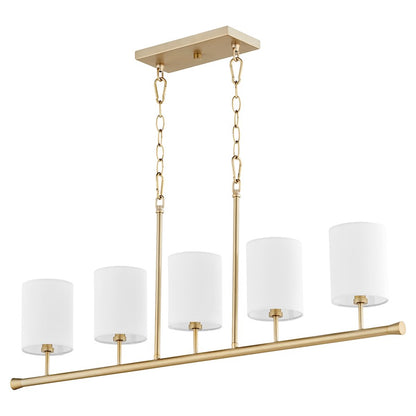 Quorum Harmony 5 Light Linear Chandelier, Aged Brass/White 647-5-80