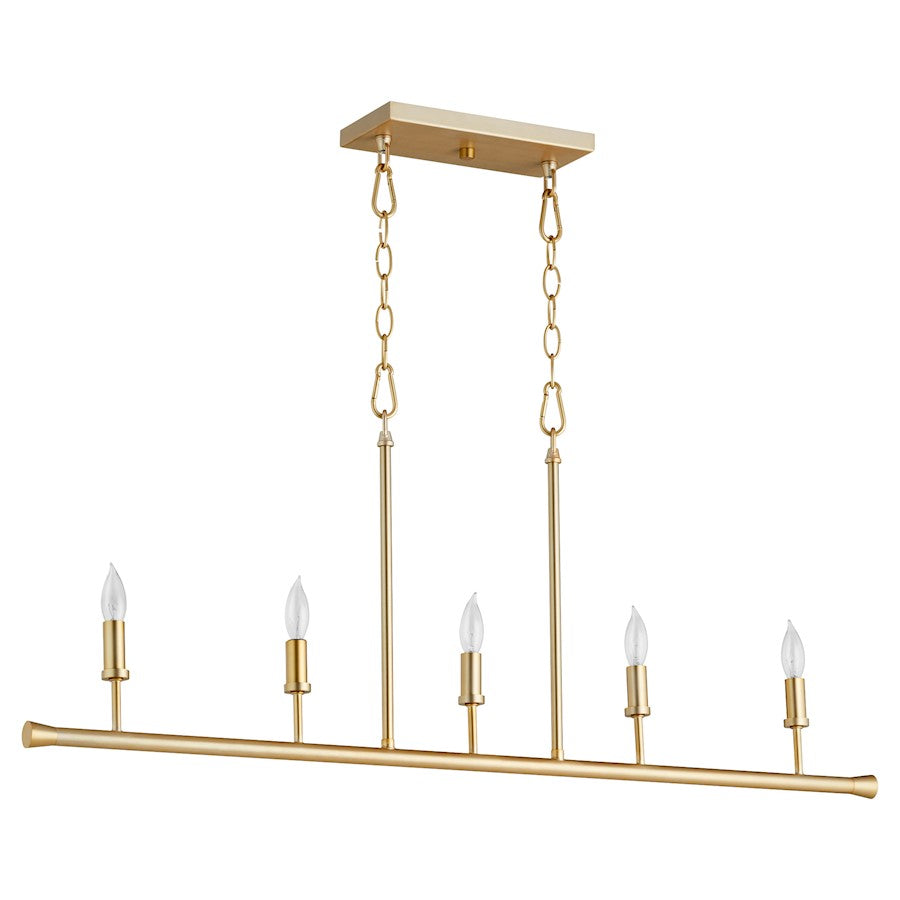 5 Light Linear Chandelier, Aged Brass