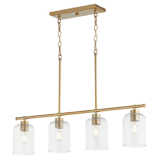 Quorum Tribute 4 Light Linear Chandelier, Aged Brass/Clear 6574-4-80