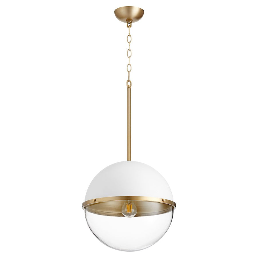 Quorum 1 Light 14" Sphere Pendant, Studio White/Aged Brass - 83-14-0880