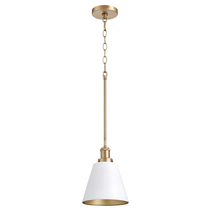 Quorum 1 Light 8" Cone Pendant, Studio White/Aged Brass - 877-0880