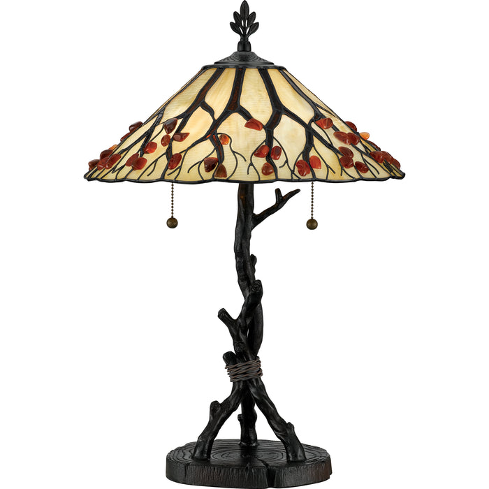 Quoizel 2 Light Whispering Wood Table Lamp, Valiant Bronze