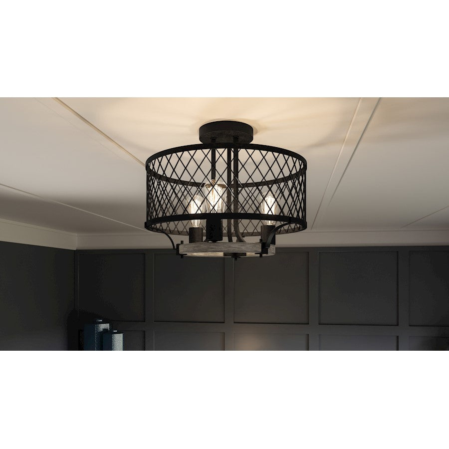 Quoizel Benton 3 Light Semi-Flush Mount, Distressed Iron