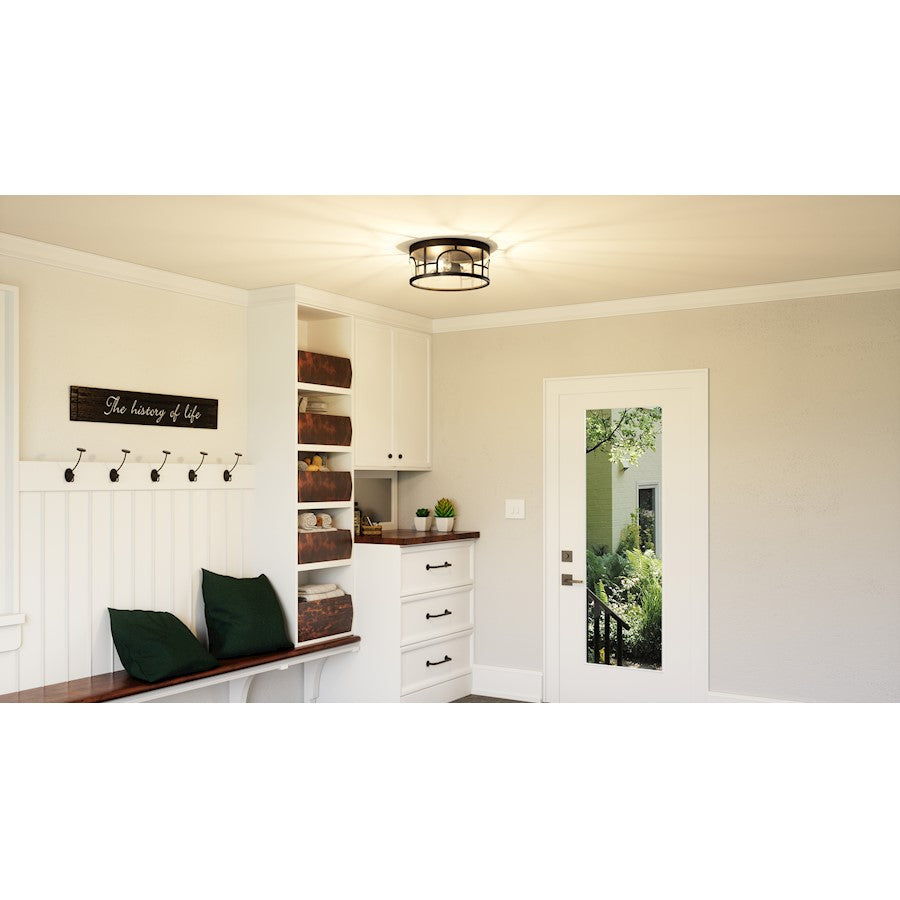 Quoizel Brampton 3 Light Flush Mount, Matte Black/Clear