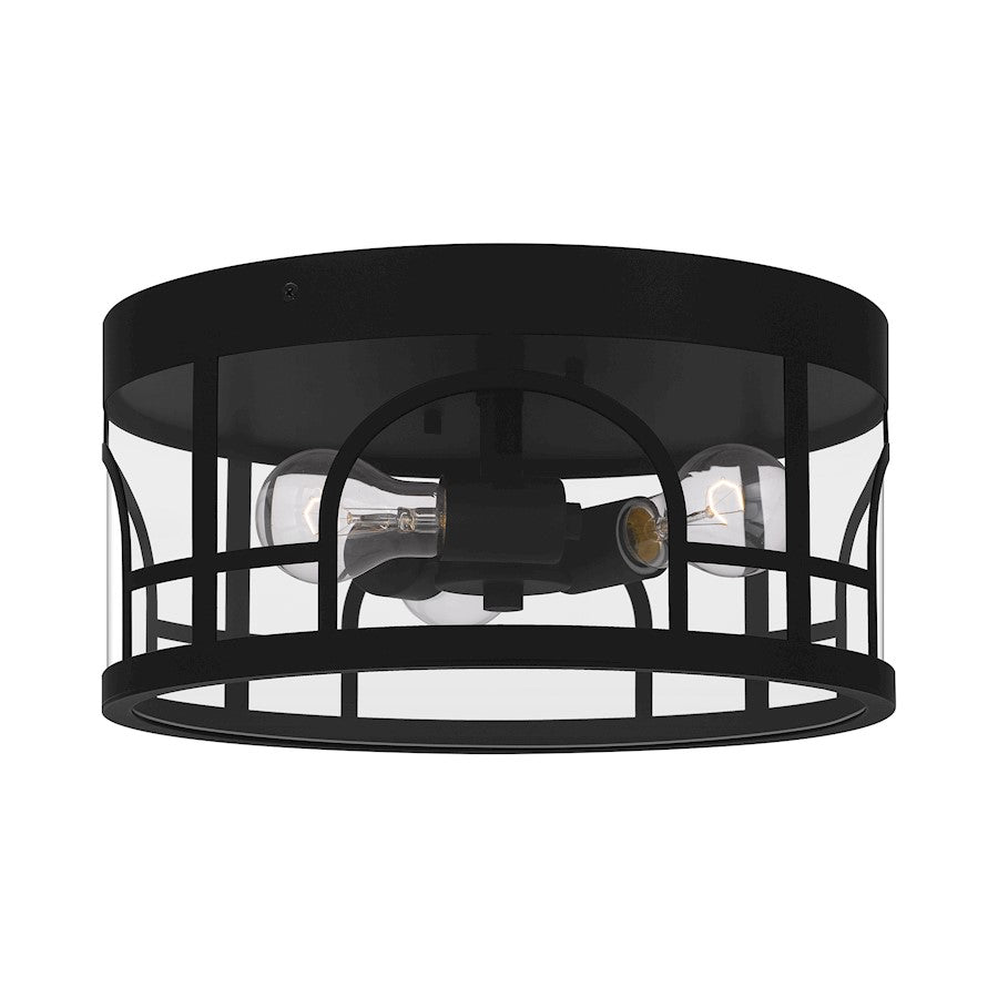 Quoizel Brampton 3 Light Flush Mount, Matte Black/Clear