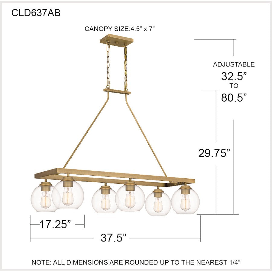 Quoizel Celadon 6 Light Island Light, Aged Brass/Clear