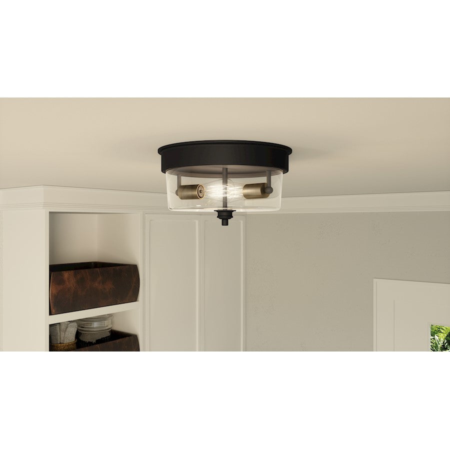 Quoizel Cox 2 Light Flush Mount, Matte Black/Clear