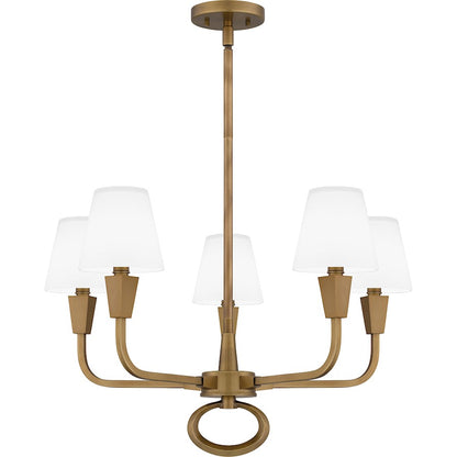 Quoizel Mallory 5 Light Chandelier, Weathered Brass/White Glass