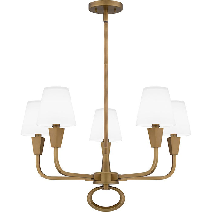 Quoizel Mallory 5 Light Chandelier, Weathered Brass/White Glass