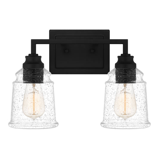 Quoizel McIntire 2 Light Bath Light, Matte Black/Clear Seedy - MCI8614MBK