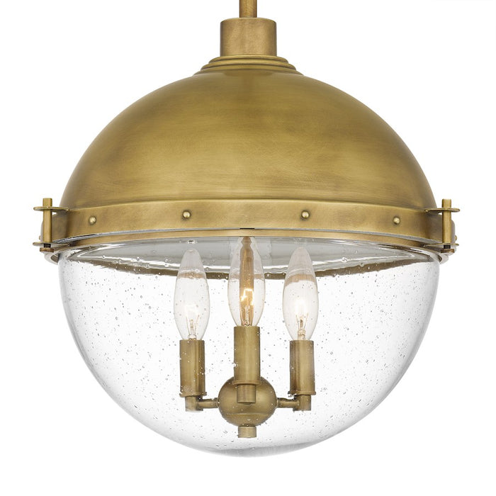 Quoizel Perrine 3 Light Pendant, Weathered Brass/Clear Seeded