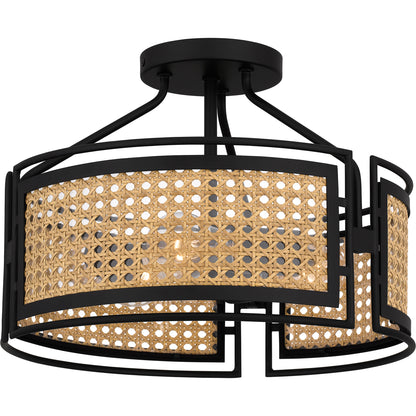 Quoizel Priya 3 Light Semi-Flush Mount, Matte Black/Rattan Caning - PYA1714MBK