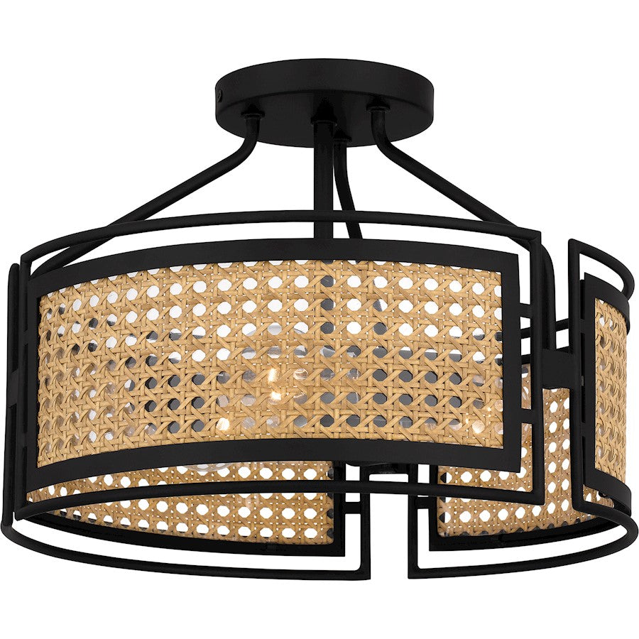 Quoizel Priya 3 Light Semi-Flush Mount, Matte Black/Rattan Caning